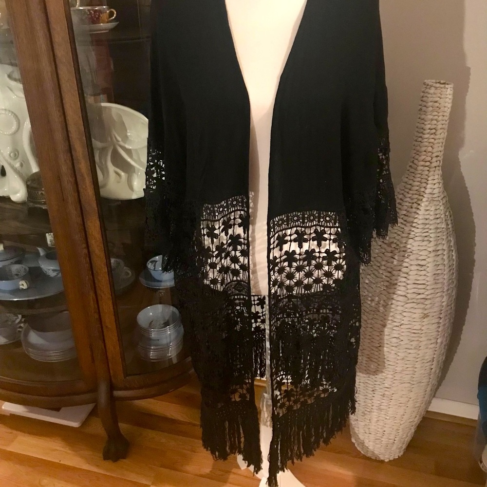 VIVID. Plus Sized Mid-Length Cover-Up in Black w/ Fringe, 1X
